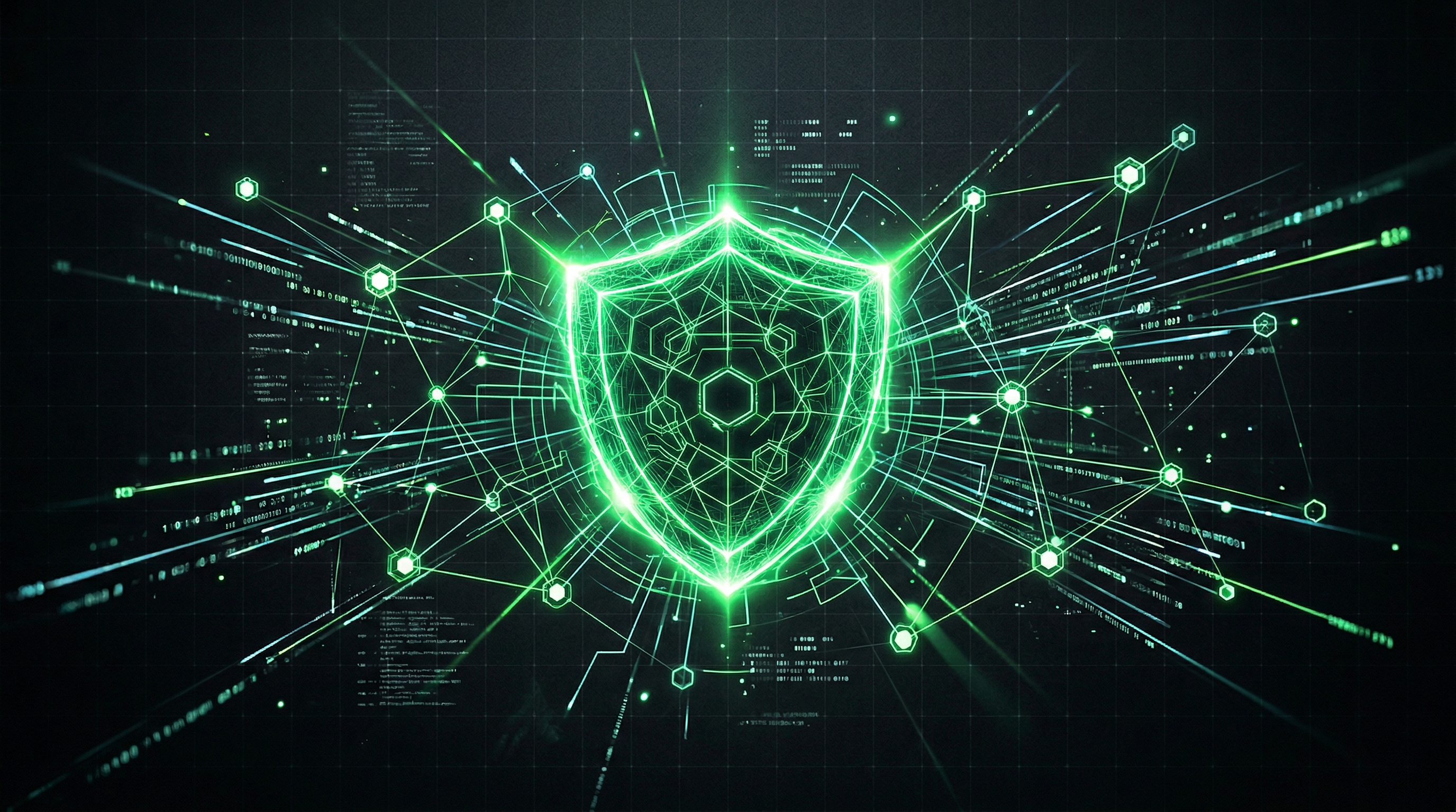 Cybersecurity shield visualization with network nodes